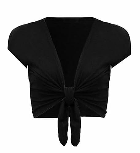 FASHION MY LOVE Women Cap Sleeve Bolero Shrug Tie Up Front Cropped Cardigan Short Sleeves Top Ladies Cap Sleeve Shrug Tie Up Front Crop Bolero Cardigan 8-26 Black