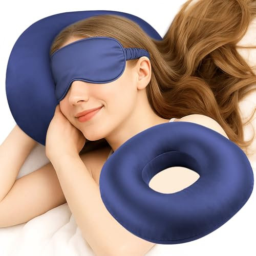 LuxoCare Piercing Kissen Ohrlochkissen für Seitenschläfer mit Loch - Donut Ohrkissen gegen Ohrenschmerzen & Druckstellen, Hypoallergen & Waschbar für Seitenschläfer, Reisen, CNH-Patienten (Blu)