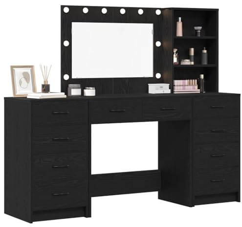 vidaXL Schminktisch mit Regal 3 pcs Schwarz Eichen-Optik Holzwerkstoff, Stylischer Schminktisch, rechteckige Moderne Kommode, viel Stauraum, robuster Make-up-Tisch, LED-Spiegelbereich