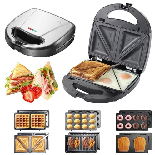 750W Sandwichmaker, 6 in 1 Waffeleisen mit 6 wechselbaren Platten, Kontaktgrill, Sandwichtoaster & Waffele-isen, Backblech, Multifunktional Waffeleisen Maker mit Antihaftbeschichtung für Frühstück