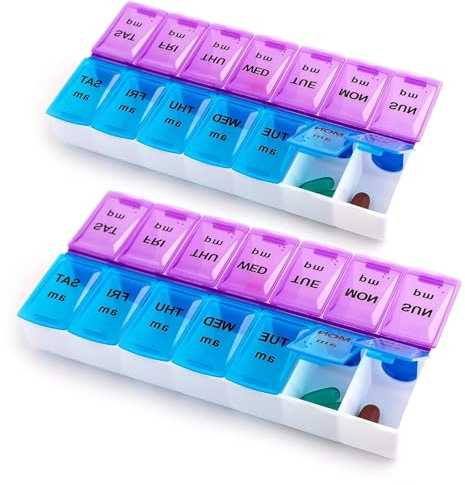 txuzong 【2er Set】14-Fächer Pillenbox 7 Tage (2-reihig) – Tragbarer | Medikamentenorganizer mit englischer Beschriftung(Morgen Nachmittag)für Vitamine, Fischöl & Tabletten –Beschriftung dauerhaft