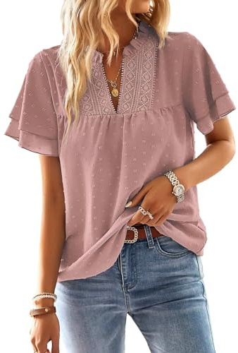 TUUHAW T Shirt Donna Elegante Manica Corta Magliette con Scollo a V Estiva | Boho Camicia, Casual Volant Abbigliamento, Pizzo Top, Casual Camicia, Traspirante Classica Lavoro, Vintage Affari Tunica Moda