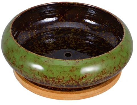 Gatuida Ceramic Succulent Planter Pot with Drainage Hole, Green Glazed Ceramic Flowerpot for Indoor Gardening and Office Bonsai, Bamboo-style Holder Decorative Planting Container