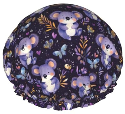 Large Shower Caps for Women Reusable - Purple Koala Flowers Print Comfy Fashion Double Layer Hair Cap for Shower with Elastic Rope and Peva Lining