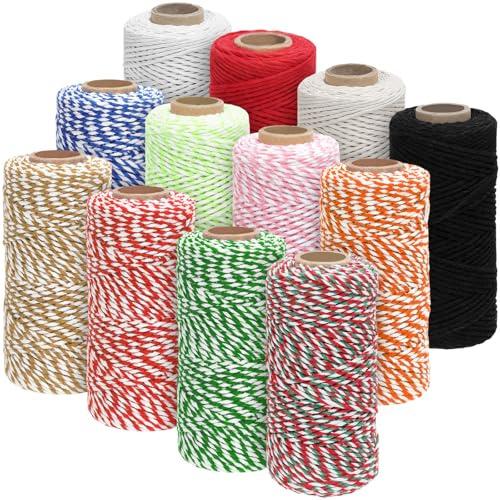 Swpeet 12 Rouleaux 12 Couleurs 1.5mm × 164 Pieds Kit d'assortiment de Corde de Corde de Coton Multicolore, Corde de Boulangerie, Cordes de Corde Blanches, Cordes Cadeaux pour l'emballage