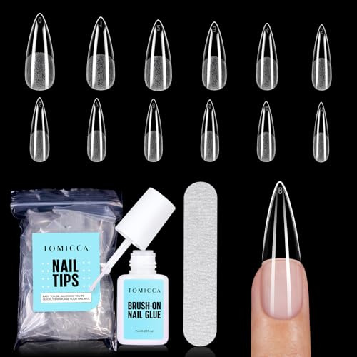 TOMICCA Kit 240 PCS Demi Faux Ongles Stiletto Long Avec Colle Séchage Air | Ultra-Mat Courtes Amande Capsules Ongles & 7g Colle à Ongles Extra Forte, Qualité Professionnelle Salon, 12 Tailles