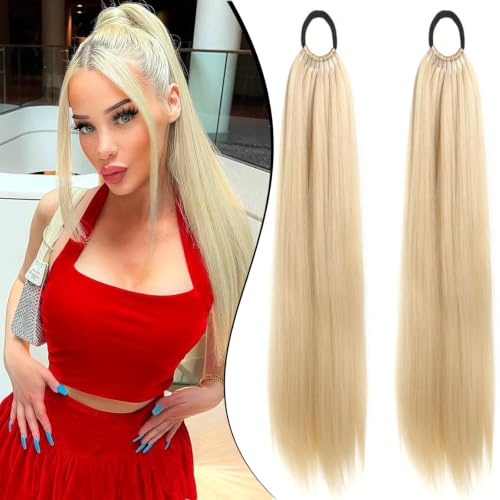 2 Stück Ponytail Extensions Haarteile, 70cm Pferdeschwanz Zopf Extension in Kachi Beige mit Farbverläufen, natürlich aussehendes Haarteil für Damen und Mädchen zur einfachen Haarverlängerung