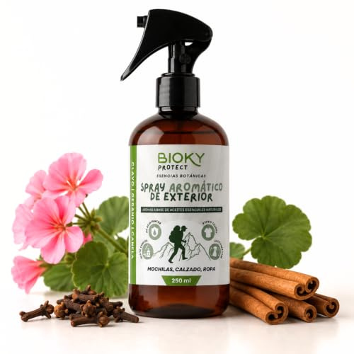 Bioky Protect Spray Garrapatas y Pulgas 250ml | Repelente ideal para Ropa, Casa, Camping, Excursiones | con Aceite de Geranio, Clavo y Canela | x10 veces Más Concentrado | No Mancha