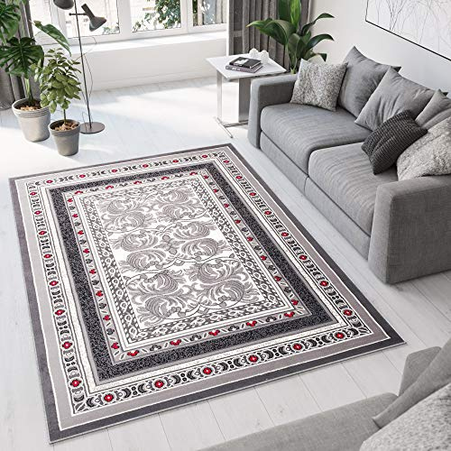 TAPISO Dream Teppich Wohnzimmer Kurzflor Grau Creme Rot Floral Ornament Orient Bordüre Klassisch Oriental Schlafzimmer ÖKOTEX 160 x 220 cm