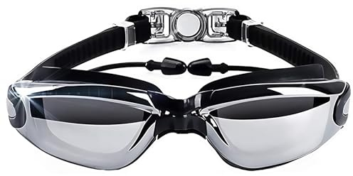 Hersvin Gafas de Natación Anti-UV Antivaho con Puente Nasal Extraíble, Tapones para Los Oídos Siameses para Adultos Hombres Mujeres Niños