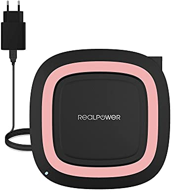 RealPower FreeCharge 10 Wireless Charger Ladepad, Kabelloses 10W QI Ladegerät, Kompatibel mit iPhone 11/Pro/XS/MAX, 10 W Schnellladungen. Samsung Galaxy S10/S9+/S8+ und AirPods Pro- inklusive Netzteil