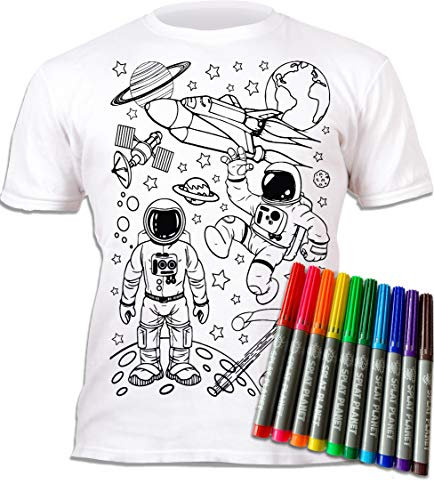 Splat Planet Colour-in Space Man and Space Rocket T-Shirt with 10 Non-Toxic Washable Magic Pens - Colour Your Own, Colour-in and Wash Out T-Shirt (7-8 Years) White