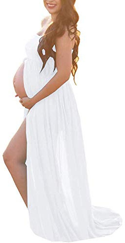 BUOYDM Femme Enceinte Robe en Maternité Mousseline Sexy Grossesse Bandeau Robe pour Maternité Photo Shoot pour Plage Wedding Cocktails Soirée (Taille Unique, D-Blanc 4)