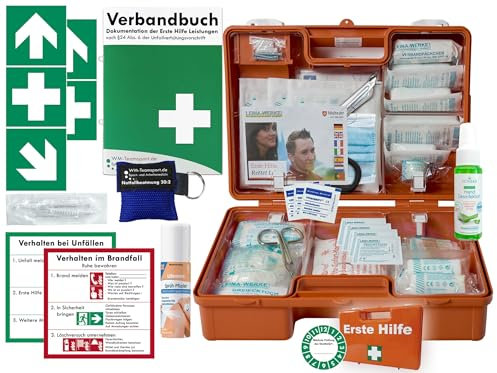 Verbandskoffer/Verbandskasten (M) Typ CSN -Paket 1- Erste Hilfe nach aktueller DIN 13157 für Betriebe INKL. Verbandbuch + Hygiene-Gel, Notfallbeatmung & Sprühpflaster + AUFKLEBER