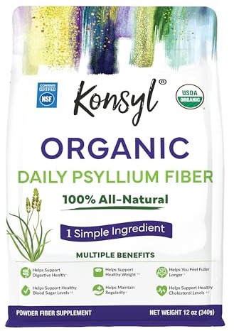 Konsyl USDA Organic Psyllium Husk Powder - 12oz, 60 Servings, Natural Unflavored Soluble Dietary Fiber Supplement - Fiber Prebiotic for Digestive Support and Gut Health - Sugar Free, Keto & Vegan