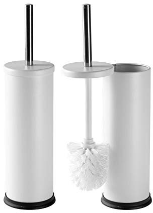 Harbour Housewares Toilet Brush and Holders - Matte White - Pack of 2 - Round Toilet Bowl Brush & Holder Stainless Steel Bathroom Deep Cleaning Scrub
