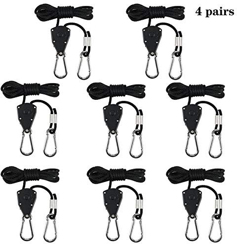 QINREN 4 Pairs Heavy Duty Ratchet Ropes, 1/8 Rope Ratchet Hanger Adjustable Grow Lights Ratchet Hangers Grow Light Rope Hangers for Grow Room Equipment 150 Lb Capacity