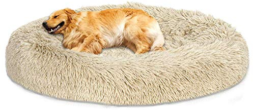 Loir Fluffy hundebett für große und extra große Hunde, 90 cm, Khaki, Donut Weiches Plüsch Rundes hundekissen, Waschbar, Tiefschlaf