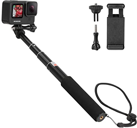 HSU Extendable Selfie Stick, Wasserdichter Handgriff für GoPro Hero 12/11/10/9/8/7/6/5/4, Handheld-Einbeinstativ Kompatibel mit Handys und Anderen Action-Kameras
