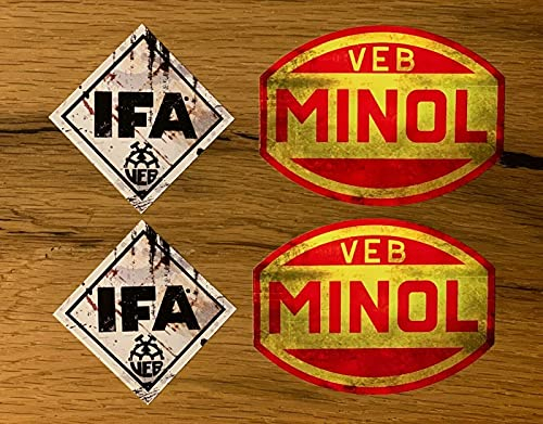 #939 / MINOL IFA Vintage Aufkleber Set je 9x7cm + 7x7cm VEB DDR Oldtimer Auto Sticker Moped Retro Vintage Ossi für Trabant Barkas Wartburg Simson Pirol usw.