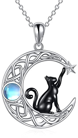 SHEAISRS Collier en argent sterling avec motif de lune celtique et chat noir pour femme en ormeau et arbre de vie - Cadeau pour les amoureux des chats, Métal, Pierre de lune