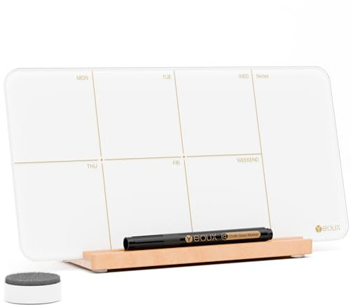 Tableau blanc hebdomadaire de bureau en verre avec support en bois amovible, petit calendrier portable effaçable à sec, tableau blanc 30,5 x 15,2 cm pour bureau, maison, école, marqueur et gomme