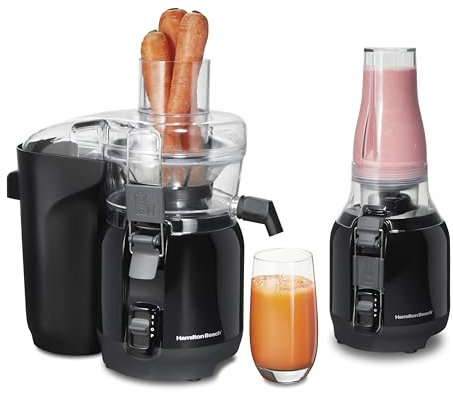 Hamilton Beach Juice & Blend 2-in-1 Juicer Machine and 20 oz. Blender, Big Mouth Large 3” Feed Chute for Whole Fruits and Vegetables, Easy to Clean, Centrifugal Extractor, 800W Motor, Black (67970)