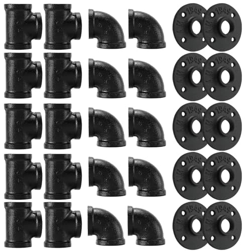Home TZH 3/4 Zoll schwarze Rohrverschraubung, 30 Stück, Bodenflansch/Ellenbogen/T-Stück für industriellen Vintage-Stil, Flansche/Ellenbogen/T-Stück mit Gewindeloch für DIY-Projekte/Möbel/Regale (30