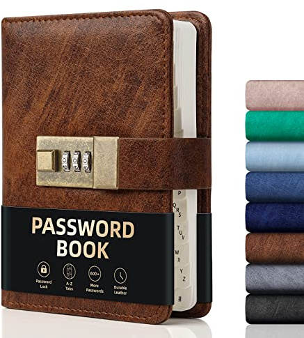 WEMATE Password Book with Lock, Password Book with Alphabetical Tabs 600+ Password Spaces, Password Logbook with Lock, Password Keeper for Computer 4.33 X 6.18 Inch Brown