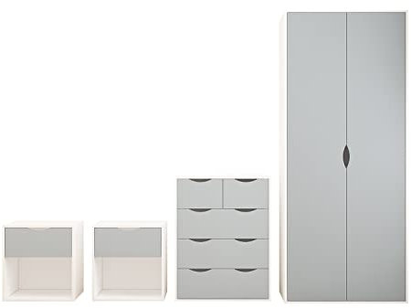 AFN Delvito 4 Piece Bedroom Furniture Set - Includes Wardrobe, 5 Drawer Chest, Bedside Cabinet (Grey on White)