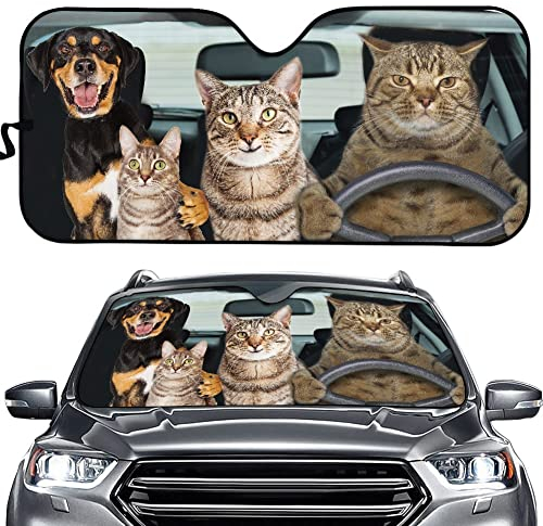 Hixingo Auto Frontscheibe, 3D Funny Tier Motiv Sonnenschutz für Windschutzscheibe, Frontscheibenabdeckung, Faltbares Design Auto Sonnenschutz, UV-Schutz, für meisten Autos (Katzen Hunde 3)