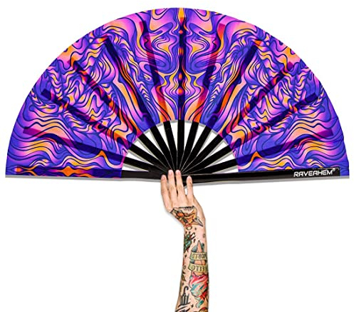 Raveahem UV Glow Rave Fan, Bamboo Folding Clack Hand Fan for Men Women (Wellen, Large 13)