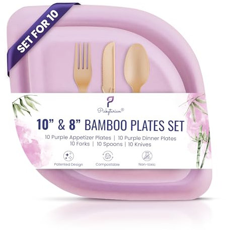 Pickytarian Purple Heavy Duty Compostable Mini Host Set – 50pc Bamboo Dinnerware for 10 – Perfect for Small Gatherings, Friendsgiving & Kids' Table