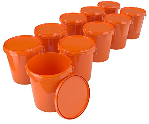 10x Eimer mit Deckel 16 Liter Orange - lebensmittelecht luftdicht und stabil, Leer Eimer mit Griff und Verschluss Deckel für Lebensmittel Chemie Wand Farbe Waschpulver Klebstoffe geeignet