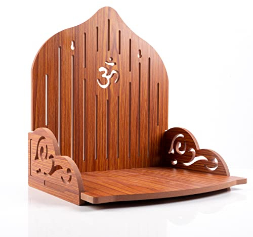 Wandmontierte Tischplatte aus Holz, Tempel-Puja, Mandir-Gott-Ständer, Regal für Aufbewahrung und Idole, Dekoration für Zuhause, Büro und Geschenk (Braun - Design1)