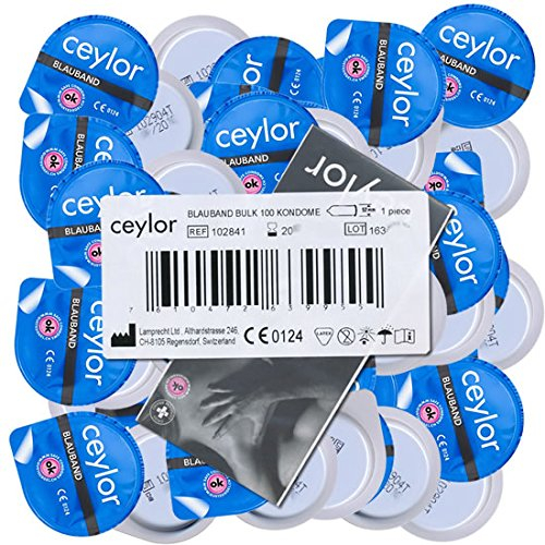 Ceylor Blauband 100 Kondome mit Gleitcreme, Großpackung, verpackt im hygienischen Dösli, einfach zu öffnen, schnelleres Überziehen, Premium-Qualität aus der Schweiz