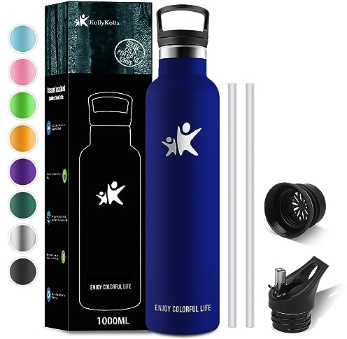 KollyKolla Thermosflasche 1 Liter, Trinkflasche Edelstahl 1L mit Strohhalm, BPA-frei Isolierflasche, Thermoskanne Kohlensäure Geeignet, Auslaufsicher Wasserflasche für Erwachsene, Sport, Fitness, Gym