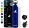 KollyKolla Gourde Isotherme 1L, Gourde Inox avec en Paille, Bouteille d'eau sans BPA, Réutilisable, Anti-Fuite, Acier inoxydable à Double Paroi Isolée, pour Enfant, Adultes, Sport - 2 Couvercles
