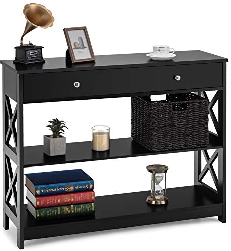 LIFEZEAL Tavolo Console a 3 Livelli, Tavolo Consolle in Legno, Tavolo d’Ingresso Sottile e Stretto, con 1 Cassetto, per Soggiorno, Corridoio, Montaggio Facile, Peso Max 95 kg, 100x30x80cm, Nero