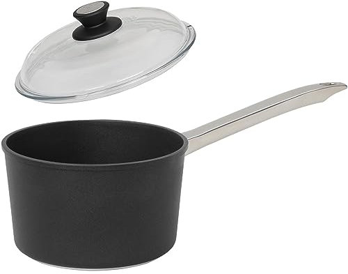 SKK kleine 2-tlg. Stielkasserolle Ø 16 cm - Induktion - hoher runder beschichteter Saucentopf mit Edelstahlstiel & Vollglas Deckel - Made in Germany
