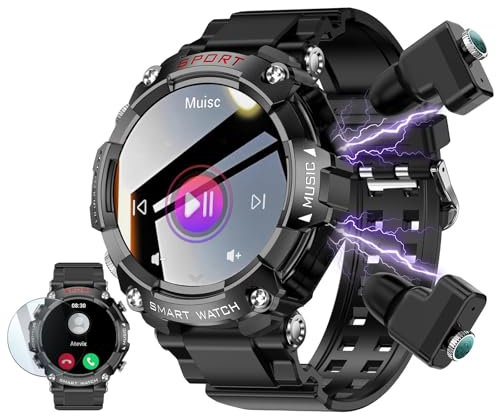 ATEVIX Reloj inteligente con auriculares para hombre, relojes inteligentes para teléfonos Android, llamadas Bluetooth que pueden responder y hacer llamadas, fitness resistente a los militares