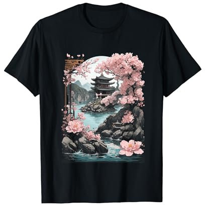 Temple chinois japonais Sakura paysage de fleurs de cerisier T-Shirt