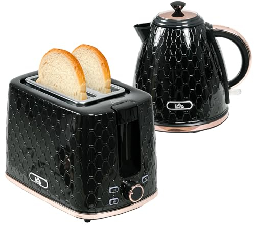 HOMCOM Kettle and Toaster Set, 1.7L 3000W Fast Boil Jug Kettle with Auto Shut Off, 2 Slice Toaster with 7 Level Browning Controls & Crumb Tray, Black