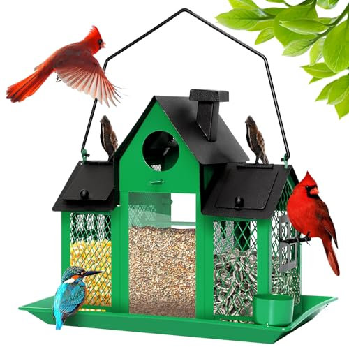 Solar Vogelfutterspender Haus zum Aufhängen im Freien, 3,2 kg große Kapazität, Metall, Wildvogel-Futterstation, Eichhörnchensicher für draußen, mit Wasserbecher, Kardinal-Vogelfutterhaus, Geschenk für