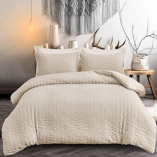 Beige Seersucker Duvet Cover Double Size Puckering Seersucker Bedding Set,2 Pillowcases and Zipper Closure,Soft Microfiber,200x200 cm
