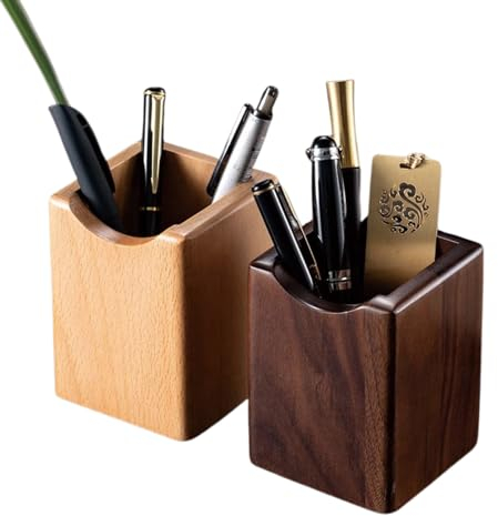 SHOPUKASA 2 Pack Wood Pen Pencil Holder Stand Multi Purpose Natural Wood Pencil Cup Pot Desk Organizer Storage Box (2 Pack (1 Beech + 1 Walnut))