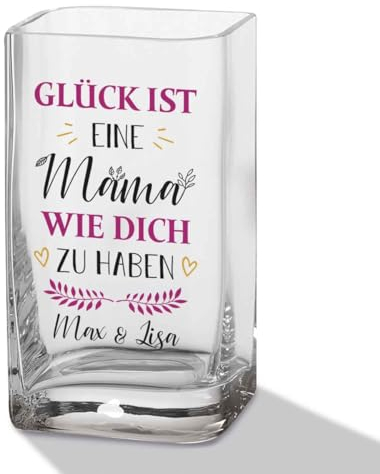 GRAVURZEILE Blumenvase mit UV Druck - Glück ist eine Mama - Personalisiert mit Namen - Moderne Vase aus Glas - Personalisierte Geschenke für Frauen - Deko Geschenkidee zum Muttertag - 20x11cm
