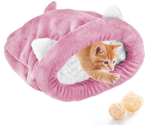 NCONCO Katzenschlafsack, Haustierbett, Katzenschlafsack, warm, gemütlich, überzogen, selbstheizend, Kuscheltasche, halb bedeckte Höhle für Katzen, Welpen (Rosa, M)