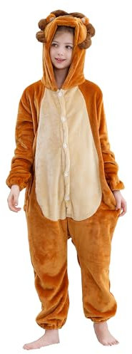 HAHASHOW Combinaison Pyjama Enfant Grenouillère Surpyjama Enfants Cosplay Cartoon Animaux à Capuche Unisexe Grenouillères Vêtements de Nuit Garcon Fille 5-6 Ans, Le Lion