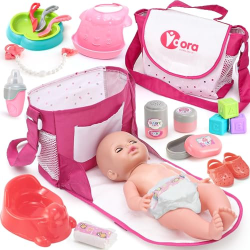 Toyssa Kit Accessoire Bebe pour Poupon, Accessoires Poupon avec Sac à Langer Matelas à Langer Biberon Pot Bebe, Ajustement pour 36cm Poupée Anniversaire Cadeau Fille 2 3 4 5 6 Ans (Poupée Non Inclus)